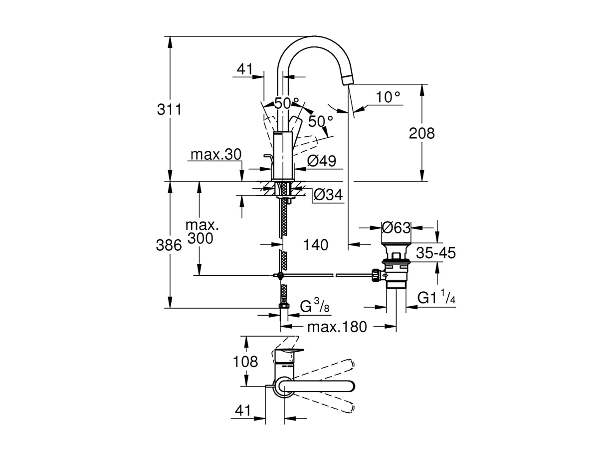 Mitigeur lavabo GROHE Quickfix Start Edge avec tirette et vidage taille L + nettoyant GrohClean
