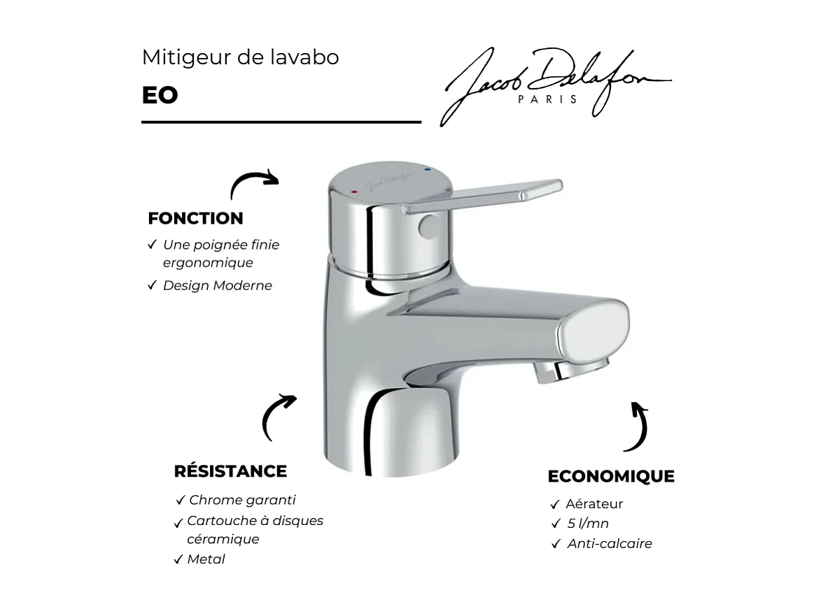 Mitigeur lavabo JACOB DELAFON EO sans vidage chromé