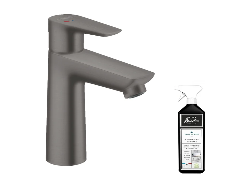 Mitigeur lavabo HANSGROHE Talis E 110 CoolStart sans tirette ni vidage noir chrome brossé + nettoyant Briochin
