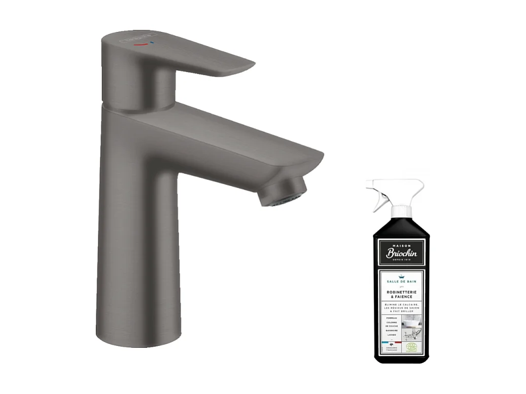 Mitigeur lavabo HANSGROHE Talis E 110 CoolStart sans tirette ni vidage noir chrome brossé + nettoyant Briochin