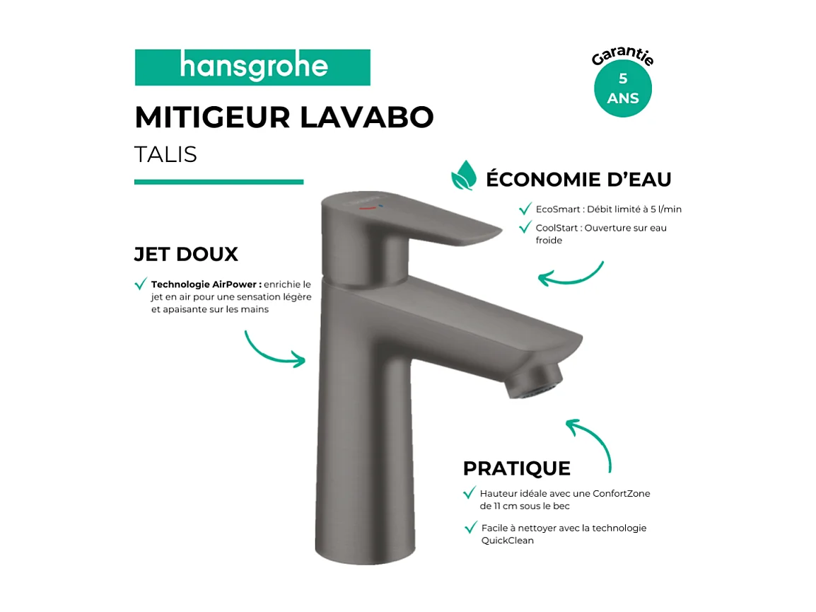 Mitigeur lavabo HANSGROHE Talis E 110 CoolStart sans tirette ni vidage noir chrome brossé + nettoyant Briochin