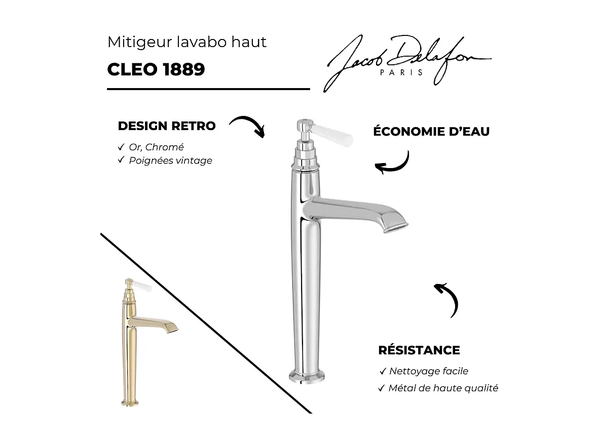 Mitigeur lavabo haut JACOB DELAFON Cléo 1889 chrome + nettoyant Briochin
