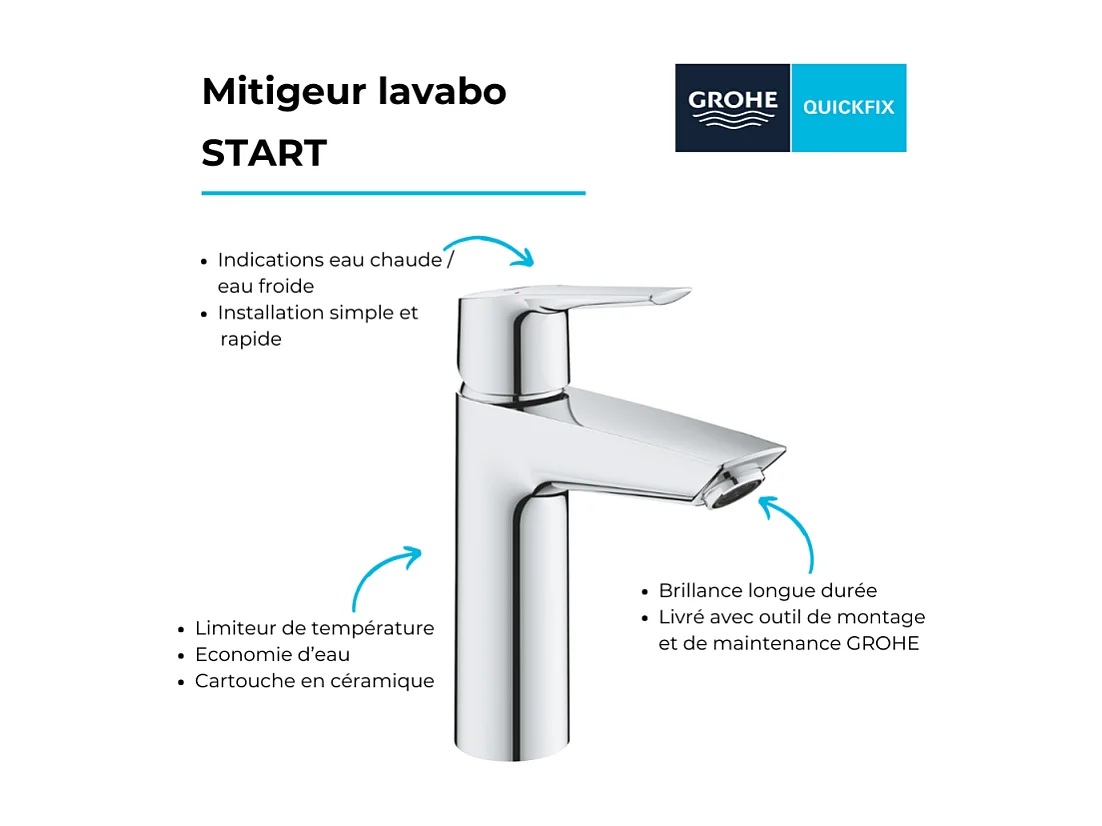 Mitigeur lavabo GROHE Quickfix Start 2021 avec vidage Push-Open taille M chromé + microfibre