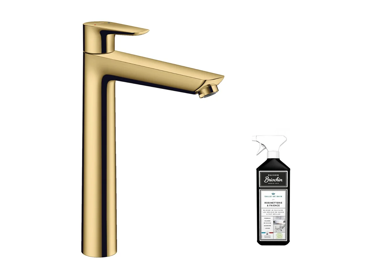 Mitigeur lavabo HANSGROHE 240 avec tirette et vidage aspect doré poli + nettoyant Briochin
