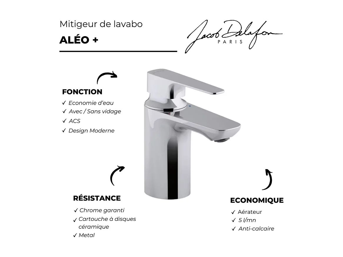 Mitigeur lavabo JACOB DELAFON Aleo+ avec tirette