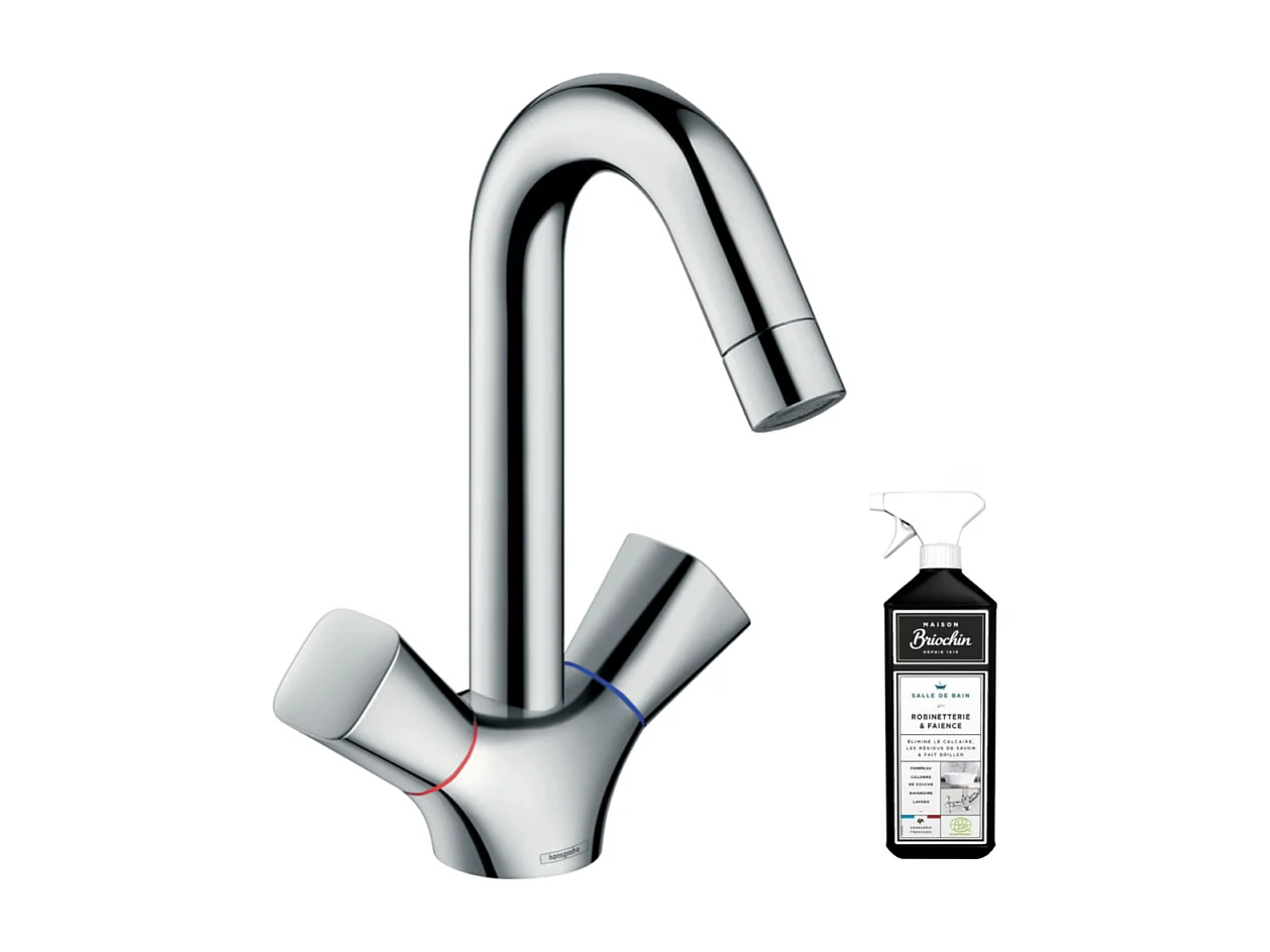 Mélangeur lavabo HANSGROHE avec tirette et vidage chrome + nettoyant Briochin