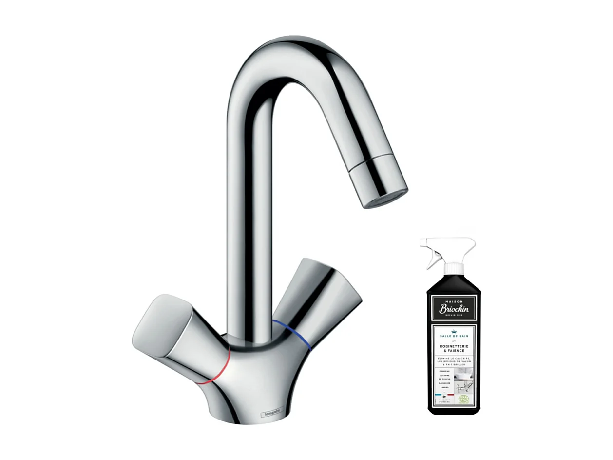 Mélangeur lavabo HANSGROHE avec tirette et vidage chrome + nettoyant Briochin