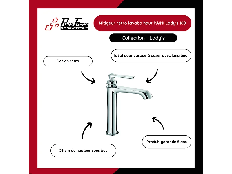 Lot de deux mitigeurs PAINI retro lavabo haut Lady's 180 Chromé