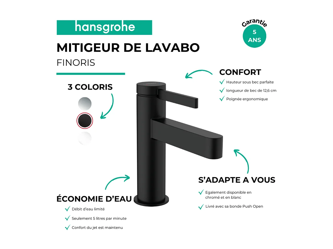 HANSGROHE Mitigeur de lavabo 100, bonde Push-Open noir mat Finoris