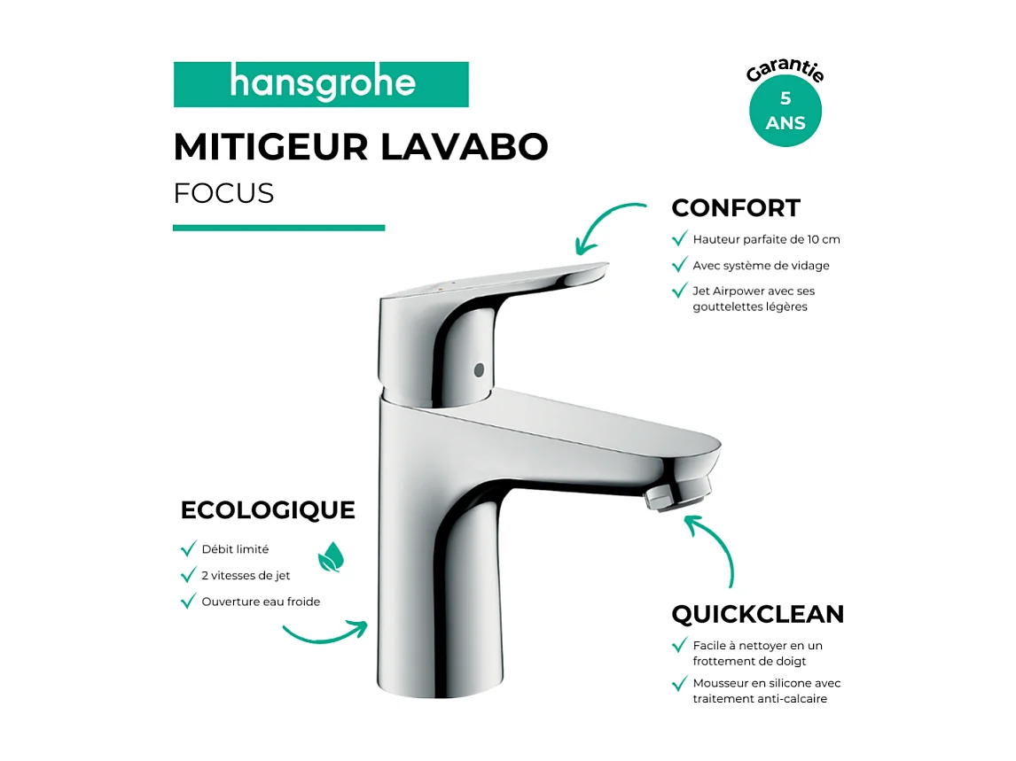 Mitigeur lavabo HANSGROHE 100 Eco C3 avec tirette et vidage chrome + nettoyant Briochin