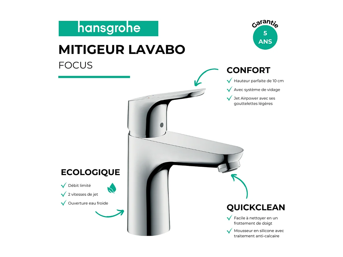 Mitigeur lavabo HANSGROHE 100 Eco C3 avec tirette et vidage chrome + nettoyant Briochin