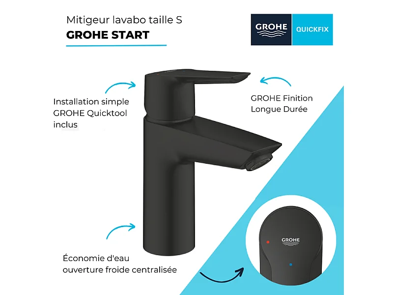Mitigeur lavabo GROHE Start ouverture eau froide noir S + microfibre