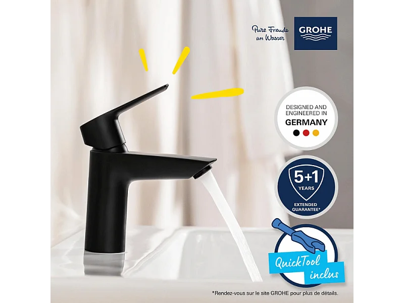 Mitigeur lavabo GROHE Start ouverture eau froide noir S + microfibre
