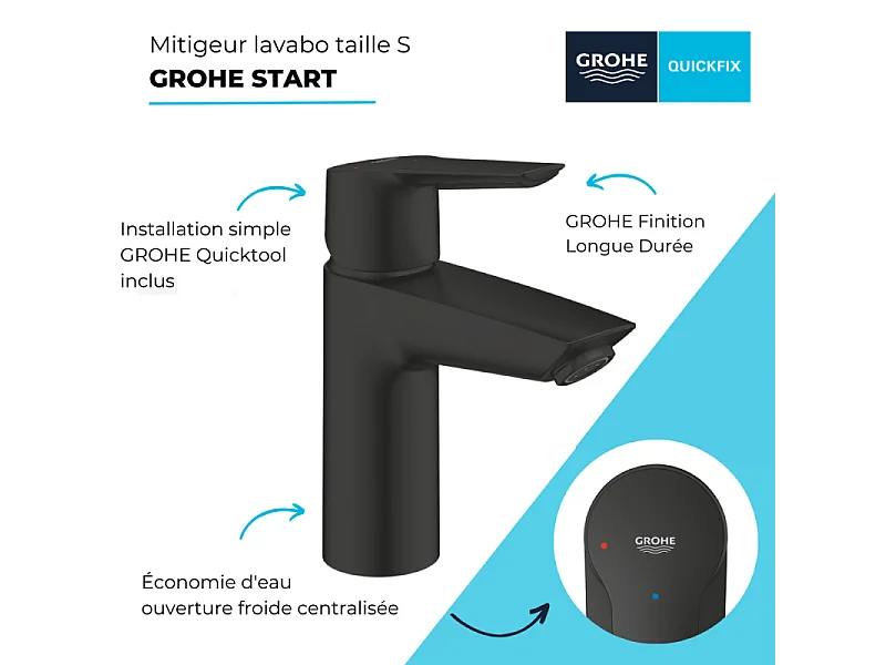 Mitigeur lavabo GROHE Start ouverture eau froide noir S + microfibre