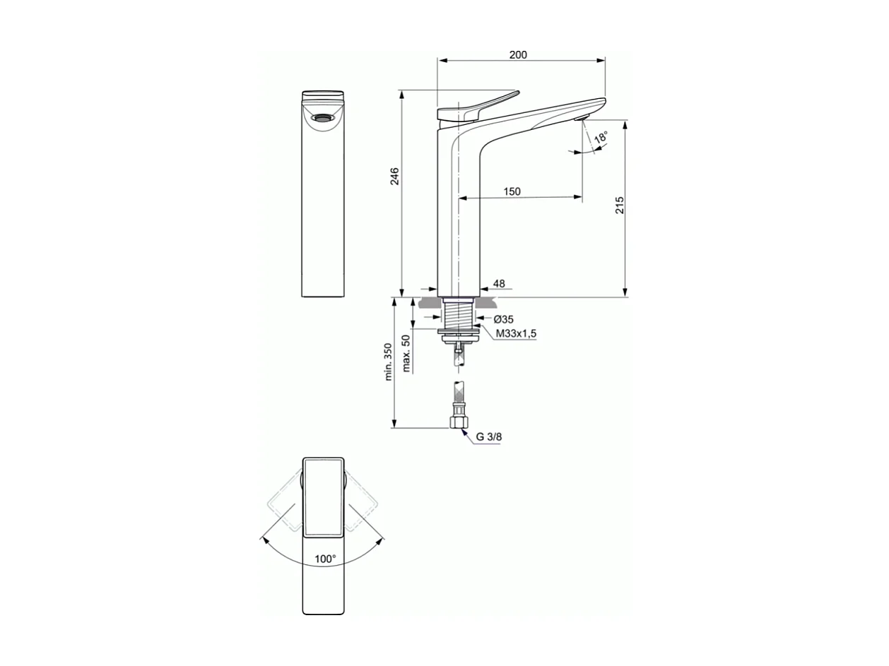 IDEAL STANDARD Mitigeur lavabo Conca réhaussé sans tirette sans vidage chrome