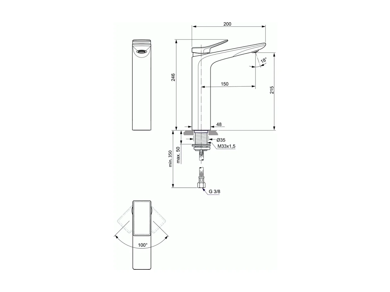 IDEAL STANDARD Mitigeur lavabo Conca réhaussé sans tirette sans vidage chrome