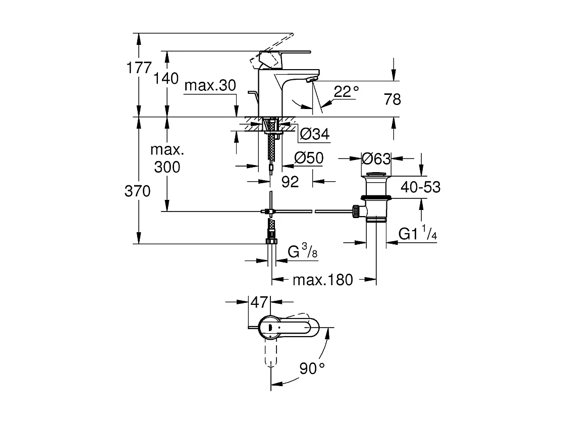 Mitigeur lavabo GROHE Quickfix Get Taille S avec tirette et vidage + nettoyant GrohClean
