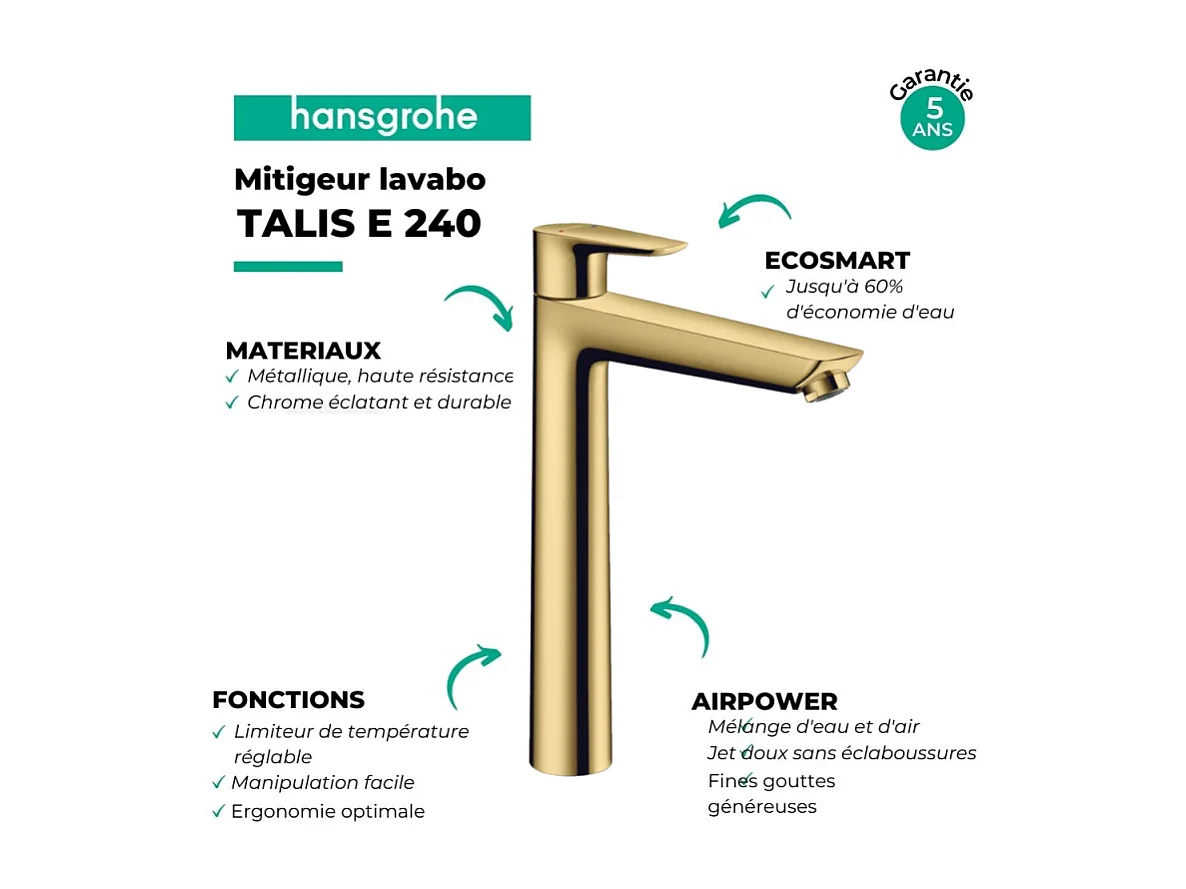 Mitigeur de lavabo HANSGROHE Talis E 240 aspect doré poli