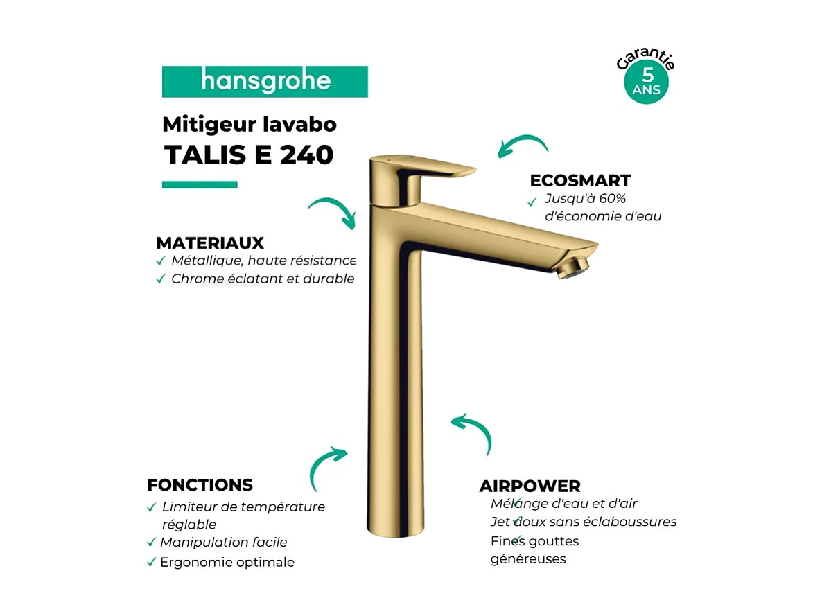 Mitigeur de lavabo HANSGROHE Talis E 240 aspect doré poli