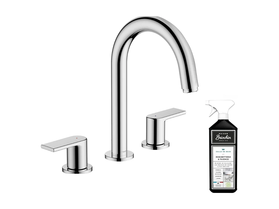 Mélangeur lavabo HANSGROHE 3 trous avec tirette et vidage chrome + nettoyant Briochin