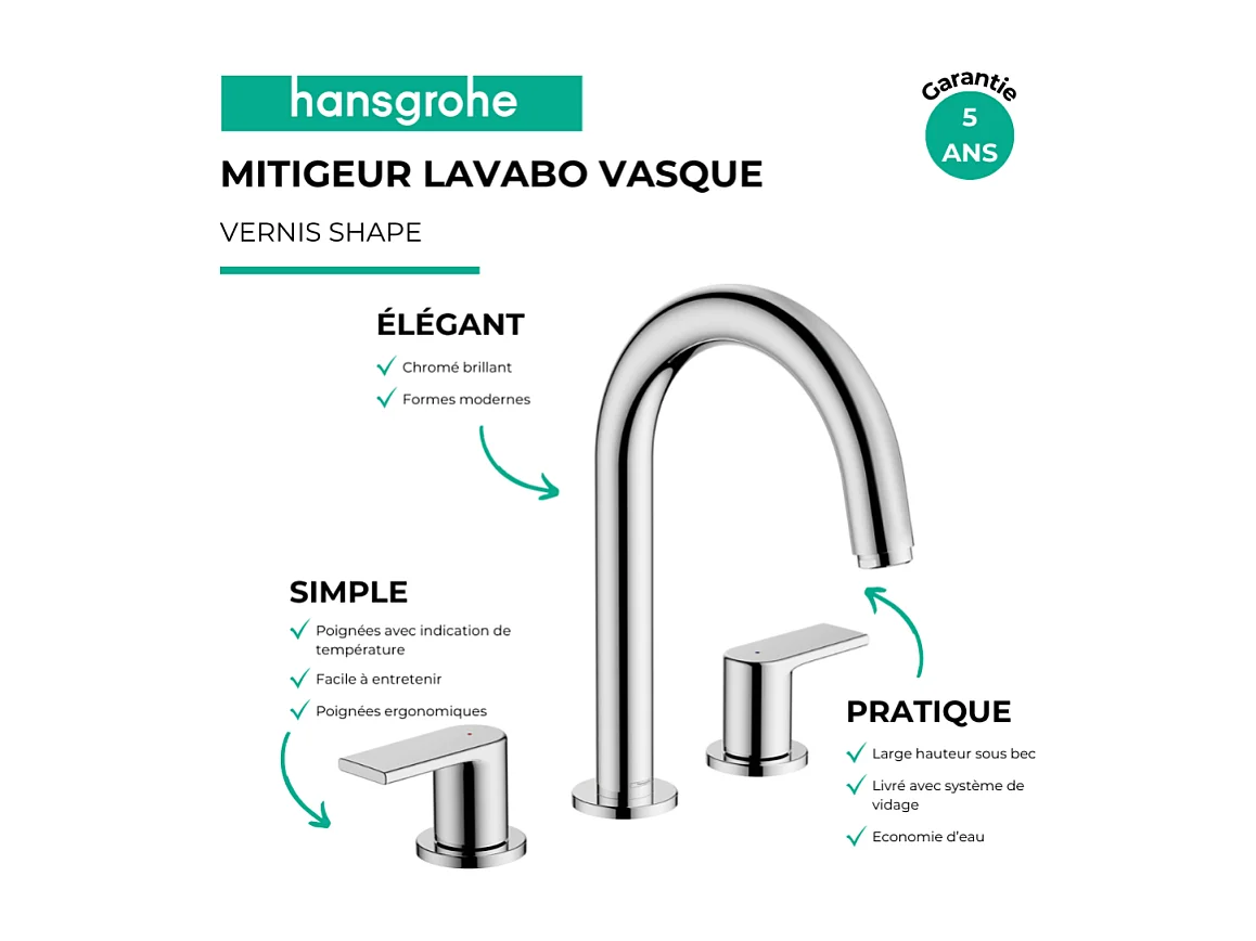 Mélangeur lavabo HANSGROHE 3 trous avec tirette et vidage chrome + nettoyant Briochin