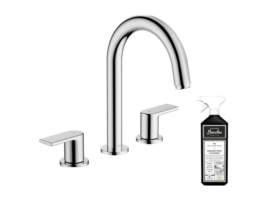Mélangeur lavabo HANSGROHE 3 trous avec tirette et vidage chrome + nettoyant Briochin