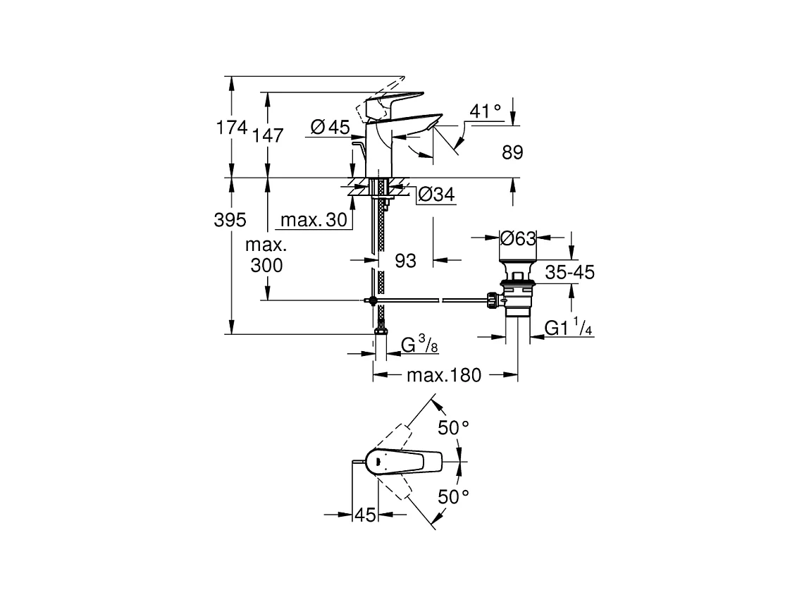 Mitigeur lavabo GROHE Quickfix Start Edge avec tirette et vidage taille S + microfibre