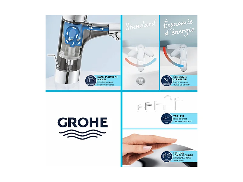 Mitigeur lavabo GROHE Quickfix Start Edge avec tirette et vidage taille S + microfibre