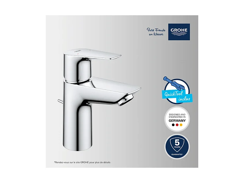 Mitigeur lavabo GROHE Quickfix Start Edge avec tirette et vidage taille S + microfibre