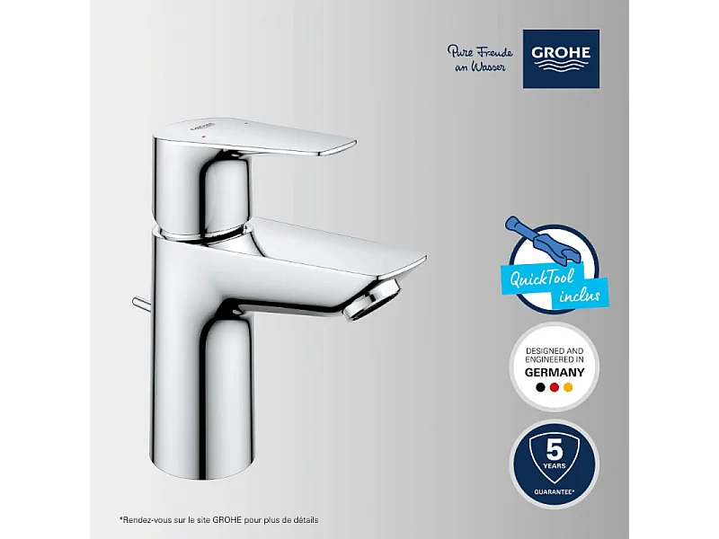 Mitigeur lavabo GROHE Quickfix Start Edge avec tirette et vidage taille S + microfibre