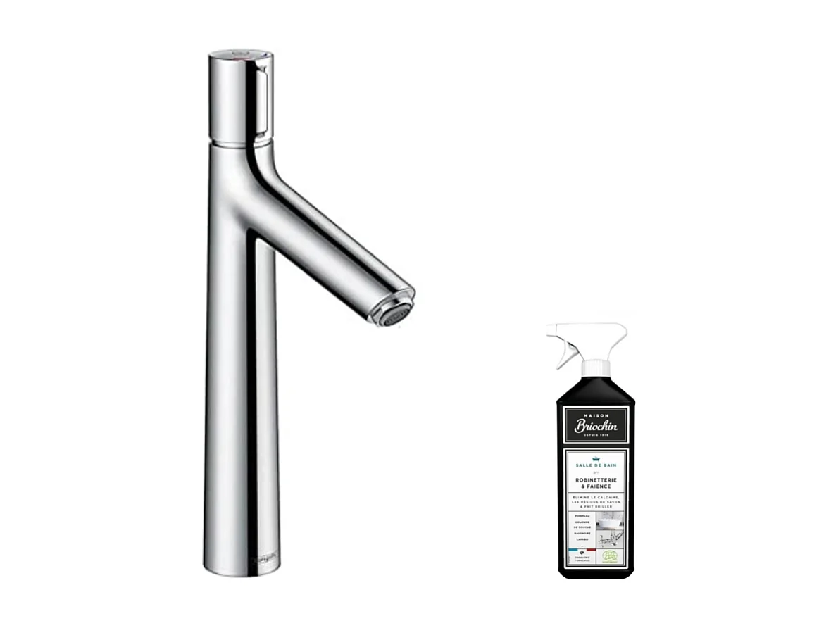 Mitigeur lavabo HANSGROHE 190, sans tirette ni vidage chrome + nettoyant Briochin