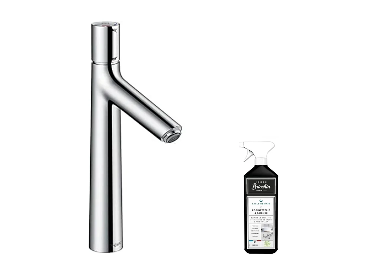 Mitigeur lavabo HANSGROHE 190, sans tirette ni vidage chrome + nettoyant Briochin