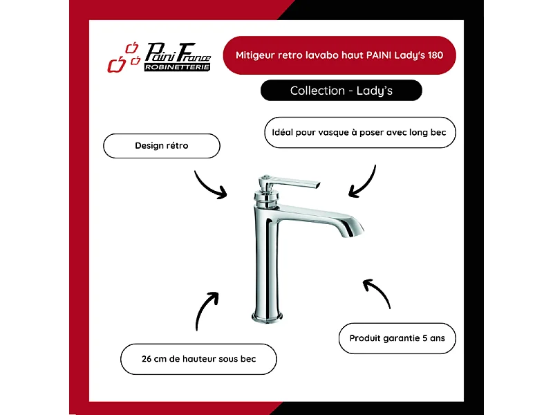 Mitigeur lavabo haut PAINI Lady's 180 chrome + nettoyant Briochin