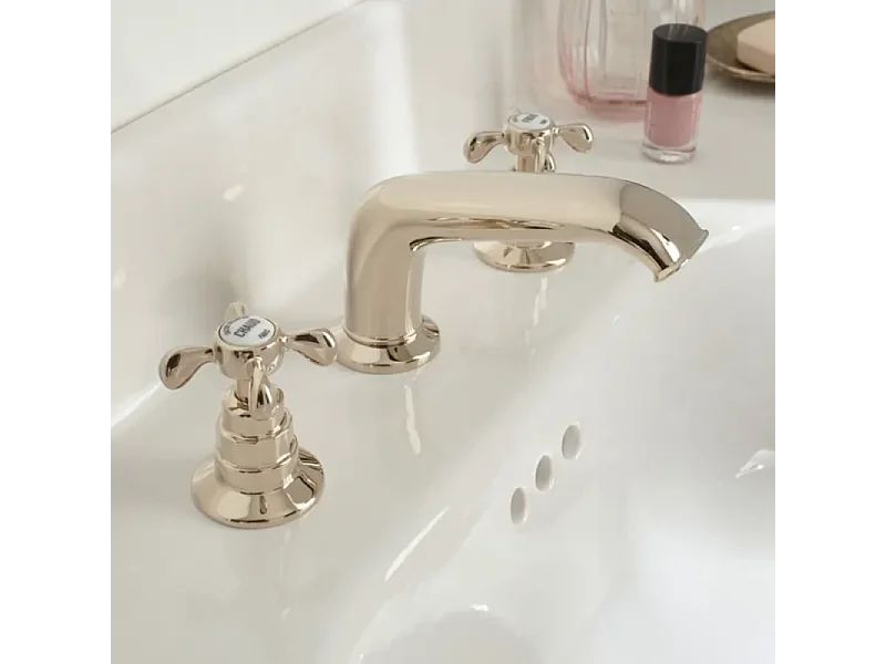 Mitigeur lavabo 3 trous rétro JACOB DELAFON Cleo poignées à croisillon or beige