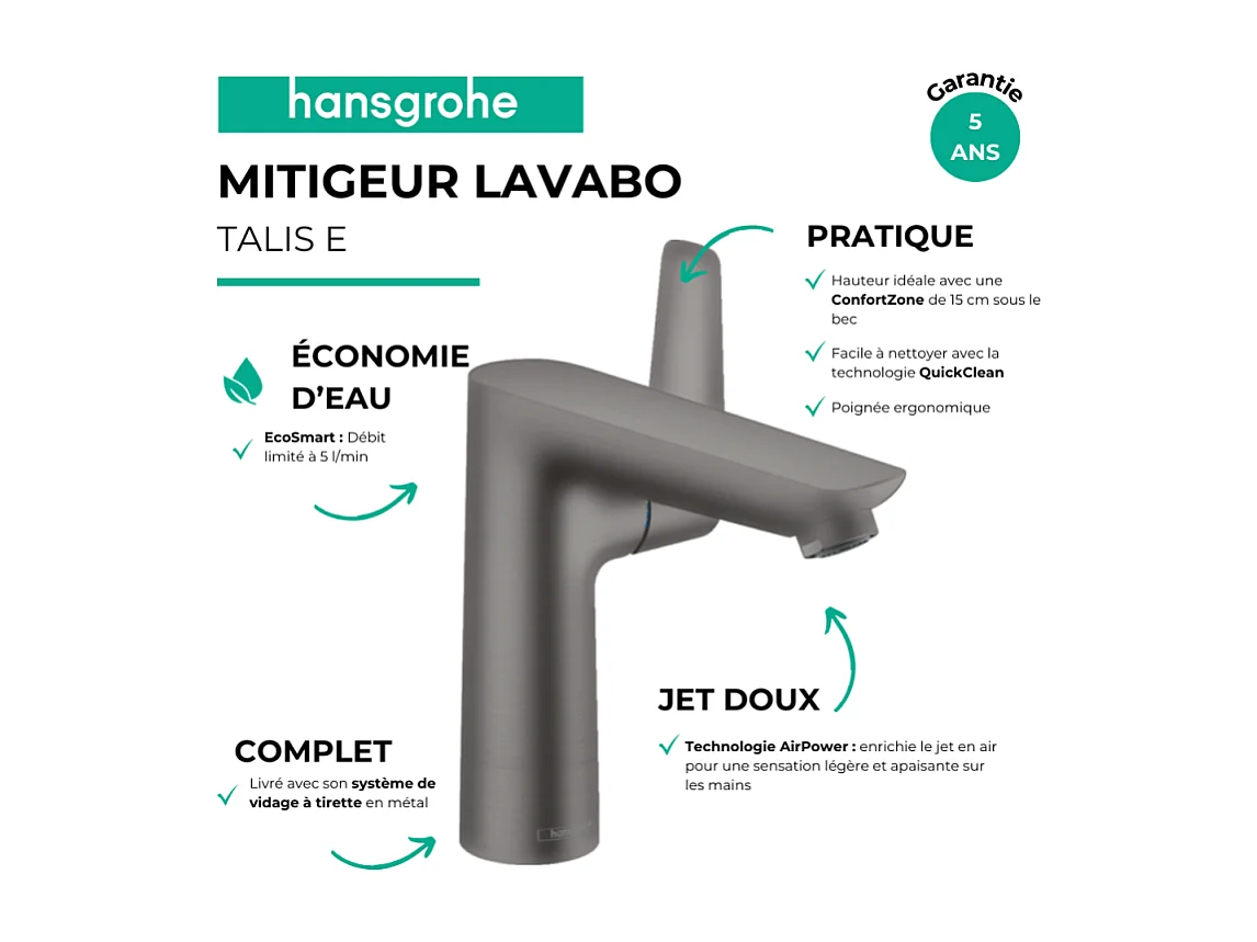 Mitigeur lavabo HANSGROHE Talis E 150 EcoSmart avec tirette et vidage noir chrome brossé + nettoyant Briochin