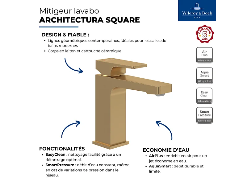 Mitigeur lavabo VILLEROY ET BOCH Architectura Square sans tirette Or brossé