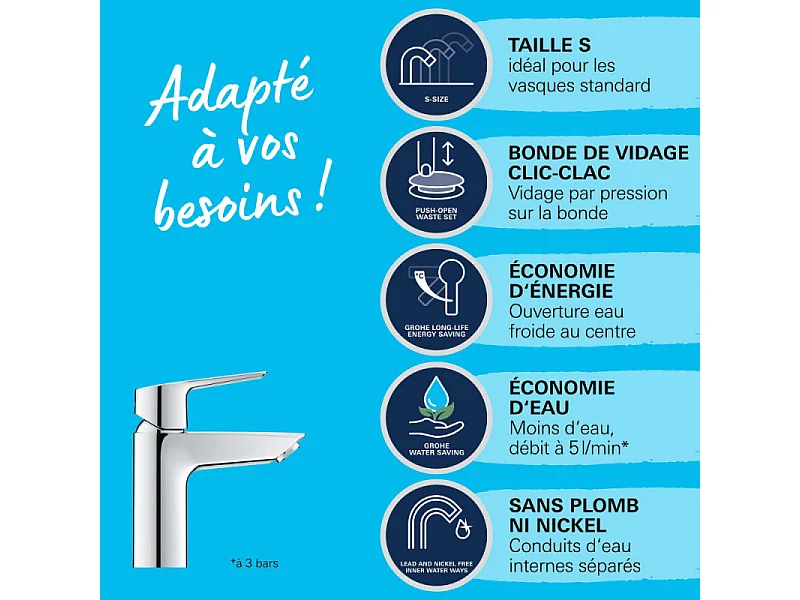 Mitigeur lavabo GROHE Quickfix Start 2021 avec vidage Push-Open taille S chromé + microfibre