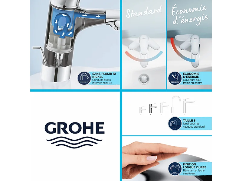 Mitigeur lavabo GROHE Quickfix Start Edge avec tirette et vidage taille S + nettoyant GrohClean