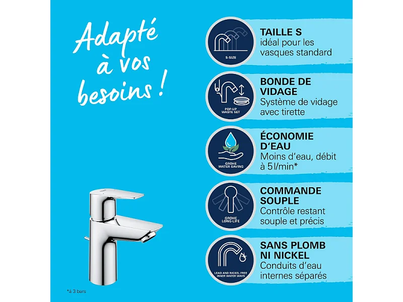 Mitigeur lavabo GROHE Quickfix Start Edge avec tirette et vidage taille S + nettoyant GrohClean