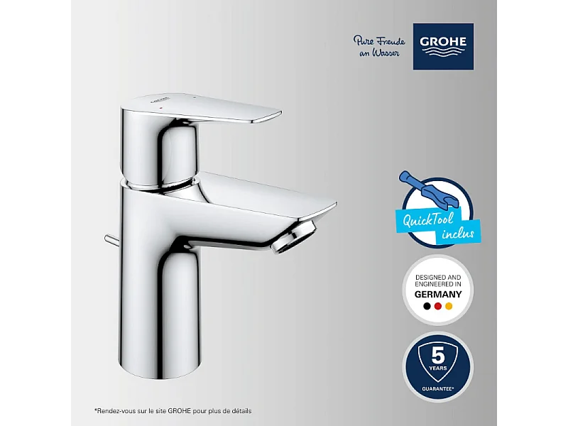 Mitigeur lavabo GROHE Quickfix Start Edge avec tirette et vidage taille S + nettoyant GrohClean
