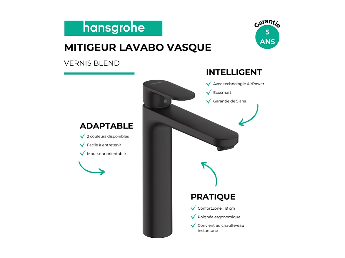 Mitigeur lavabo HANSGROHE 190 sans tirette ni vidage noir mat + nettoyant Briochin