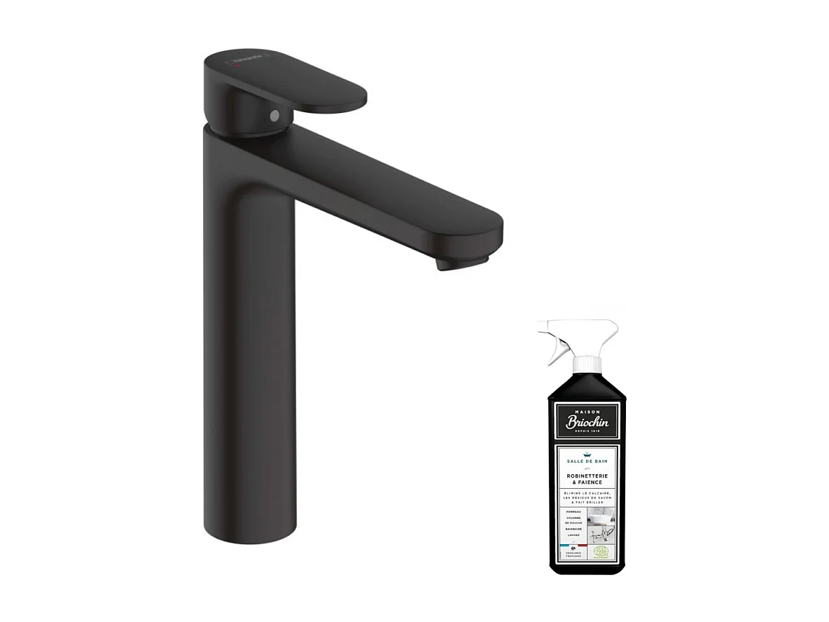 Mitigeur lavabo HANSGROHE 190 sans tirette ni vidage noir mat + nettoyant Briochin
