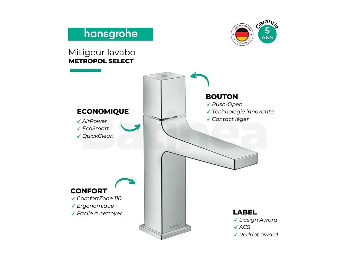 HANSGROHE Mezclador de lavabo Metropol, botón Select Push-Open, cromo