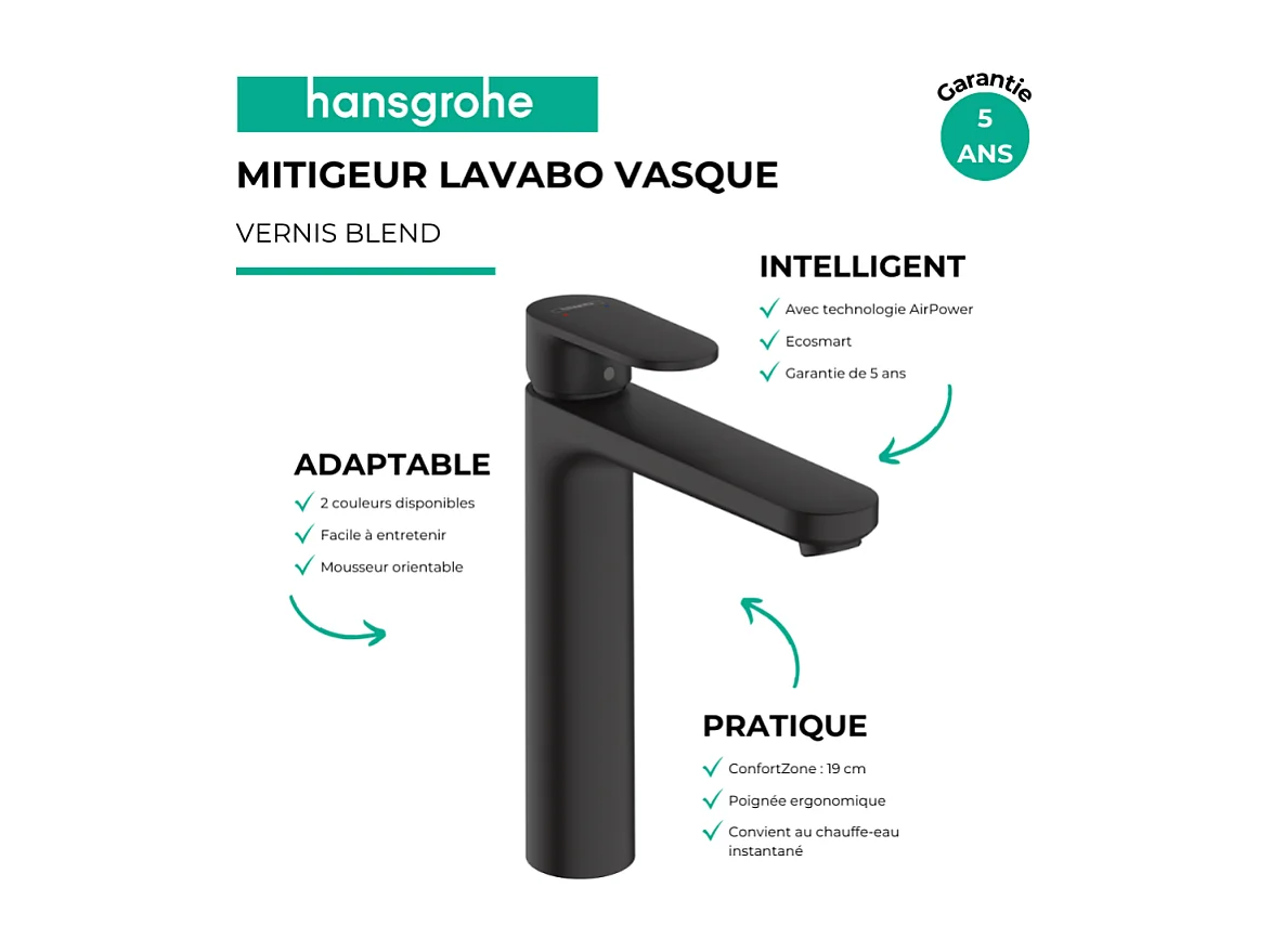 Mitigeur lavabo HANSGROHE Vernis Blend 190 sans tirette ni vidage noir mat