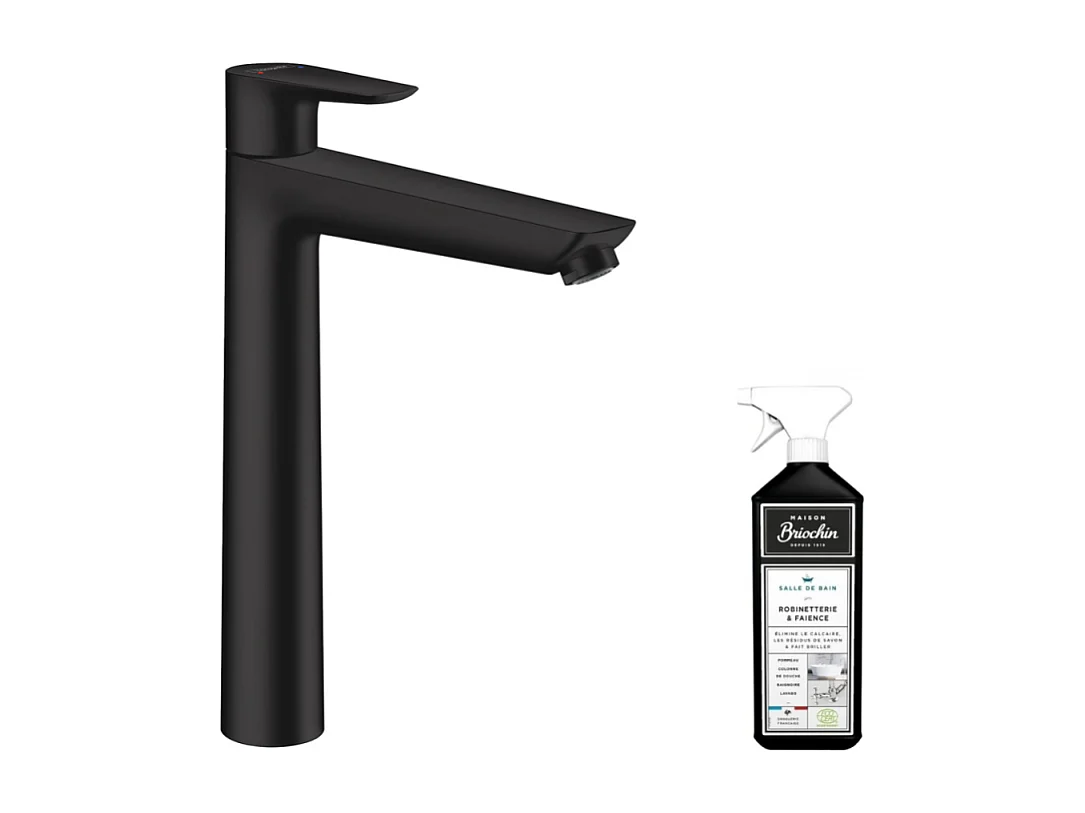 Mitigeur lavabo HANSGROHE 240 sans tirette ni vidage noir mat + nettoyant Briochin