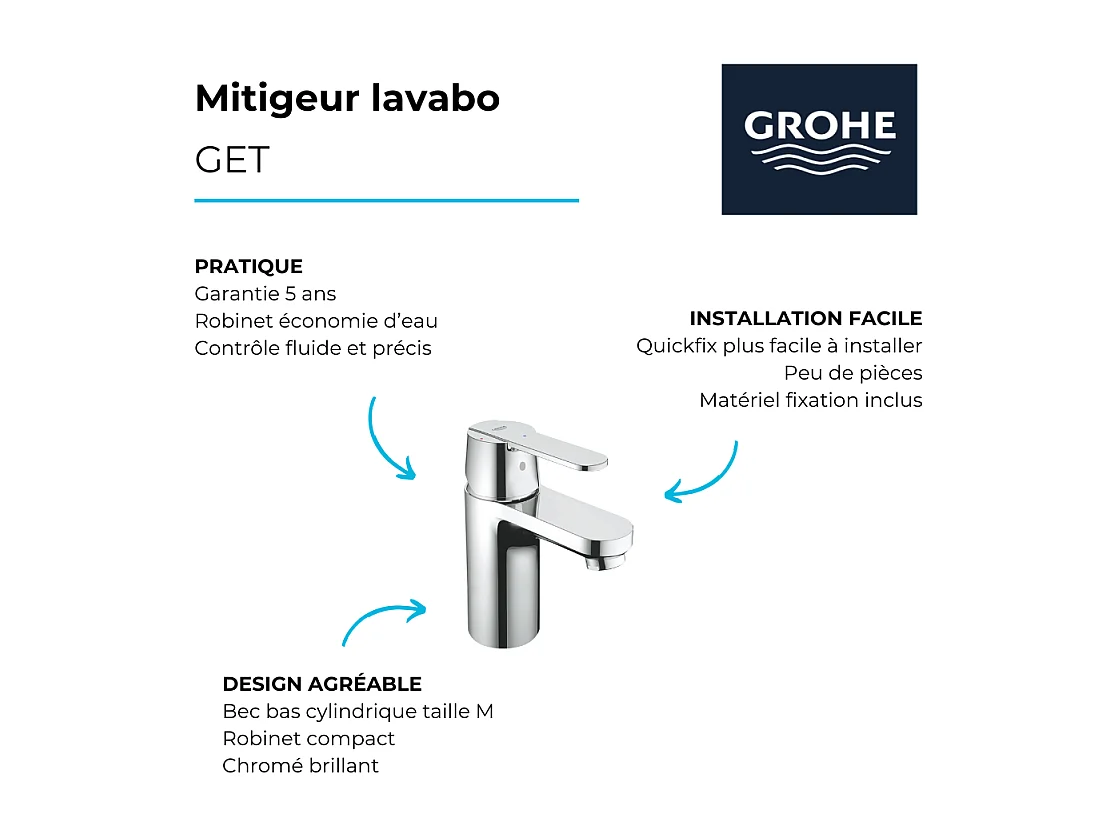 Mitigeur lavabo GROHE Quickfix Get taille S chromé + nettoyant GrohClean