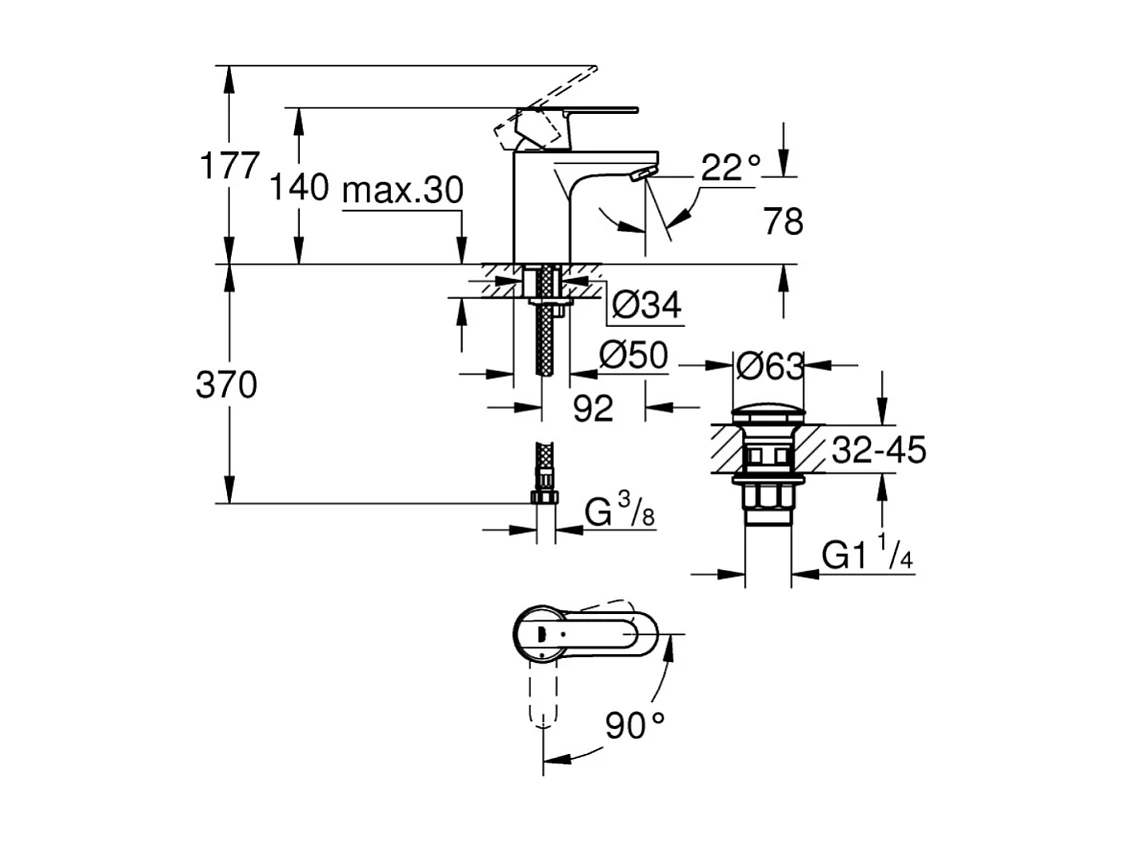 Mitigeur lavabo GROHE Quickfix Get taille S chromé + nettoyant GrohClean
