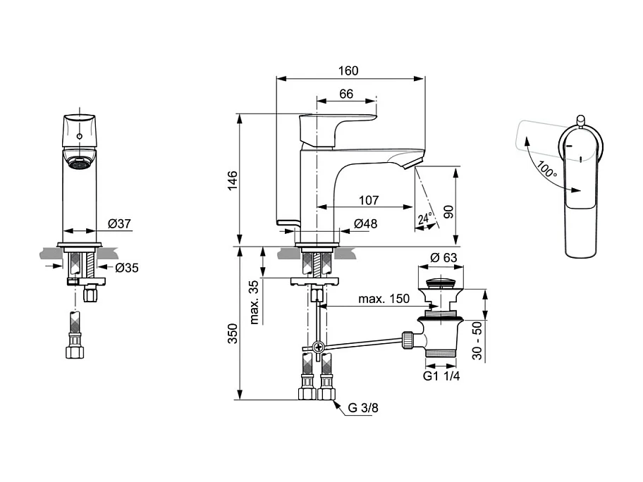 IDEAL STANDARD Mitigeur lavabo Connect Air avec tirette et vidage Or
