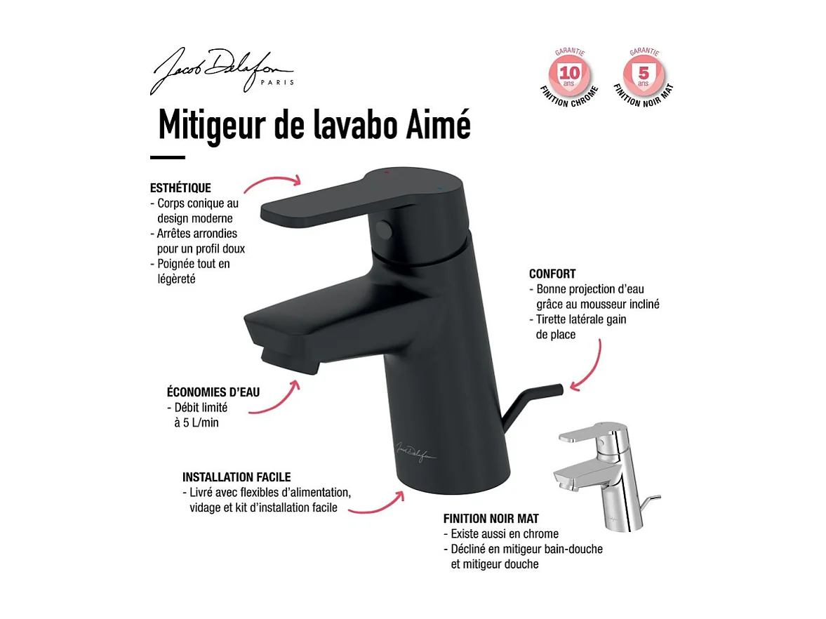 Mitigeur lavabo JACOB DELAFON Aimé avec vidage noir mat + nettoyant Briochin