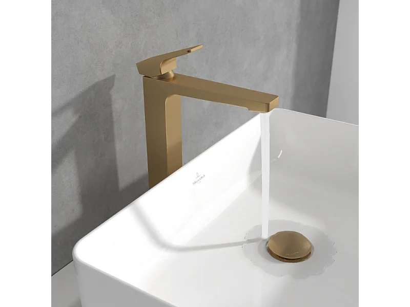 Mitigeur lavabo surélevé VILLEROY ET BOCH Architectura Square avec vidage Push Open Or brossé